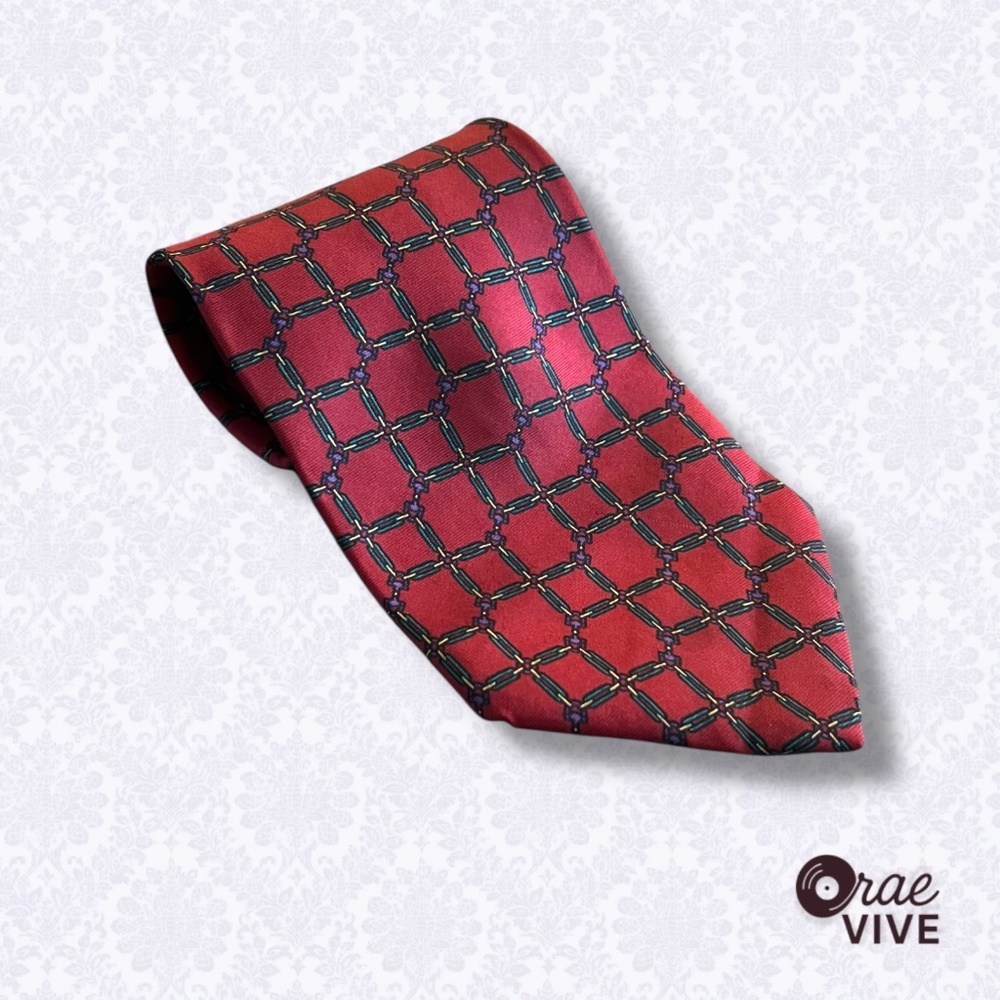 Christian Dior Monsieur Red Silk Tie Geometric Chain Print Made in USA